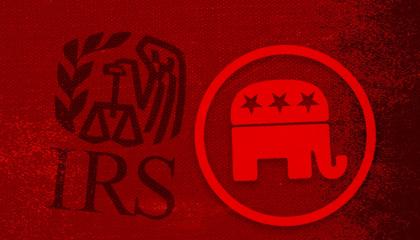 IRS and GOP logos on a red background 