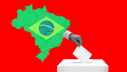 An outline of Brazil placing a ballot into a box