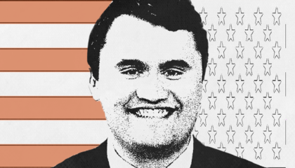 Image of Charlie Kirk's face in front of the US flag
