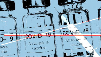 An illustration of vials labeled "COVID-19 Coronavirus Vaccine"