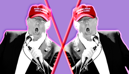 Two images of Trump side by side in a red hat yelling into a microphone