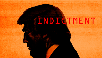 Outline of Trump's profile against an orange background with the word "indictment"