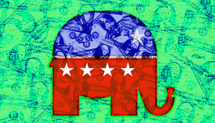 A Republican logo with dollar bills overlaid on it