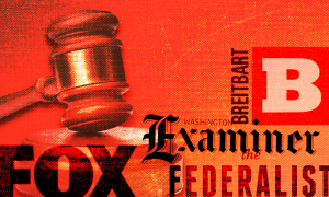 Image of a gavel with logos for Breitbart, Fox, Washington Examiner, and the Federalist