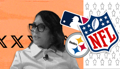 Yaccarino and the logos of MLB, the NFL, and the Pittsburgh Steelers