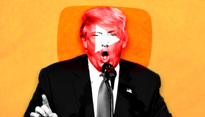 Trump with the YouTube logo over his face on an orange background